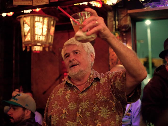 Toast to Ray with Mike Buhen Sr. at Tiki-Ti | Photo by Tom Stratton